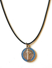 Medaglia tonda San Benedetto 3/4" tono blu/rosso/argento con cordino (Italia)