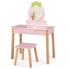Kids Dressing Table & Stool Set Wooden Children Vanity Table w/Removable Mirror