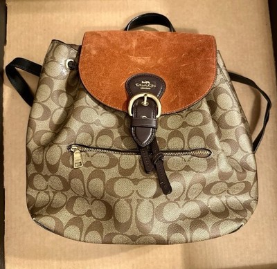 Coach Monogram Drawstring Flap Backpack Brown/Orange, Gold Hardware, Pockets