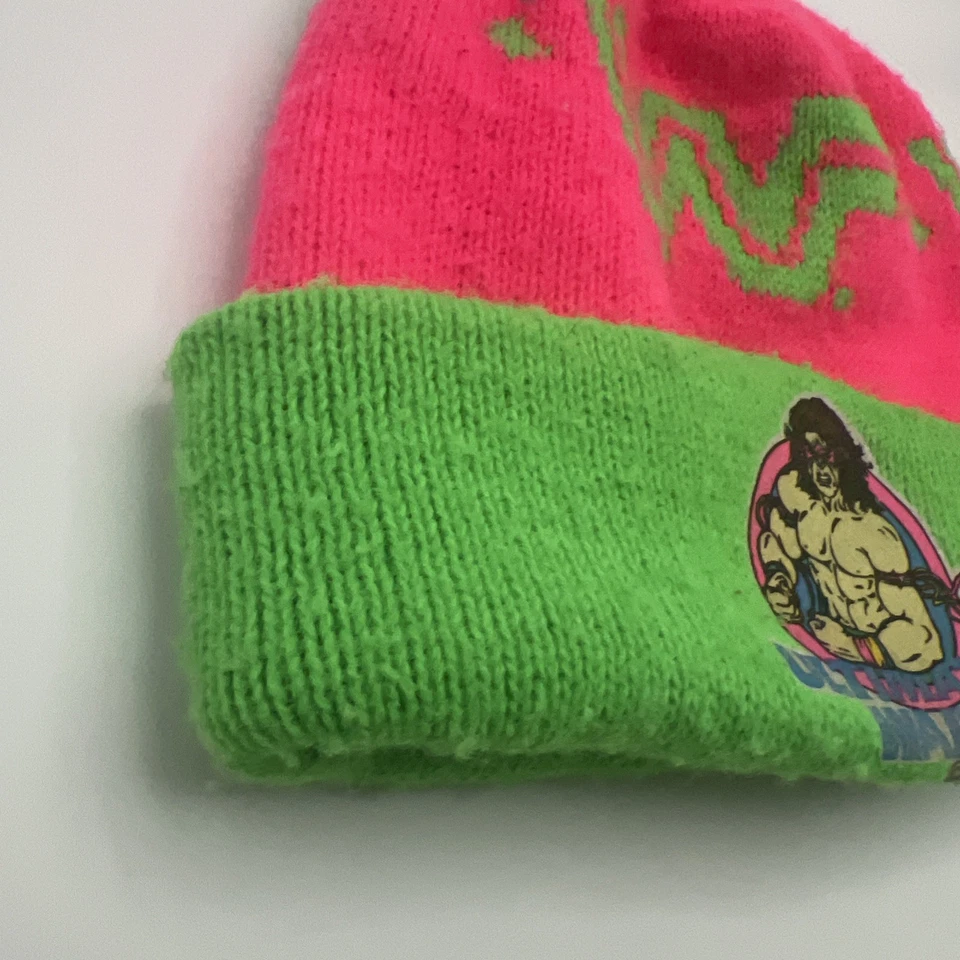 De colección Ultimate Warrior Sombrero 1991 WWF WWE Gorro Rosa Neón Verde RARO Foto 4 de 4