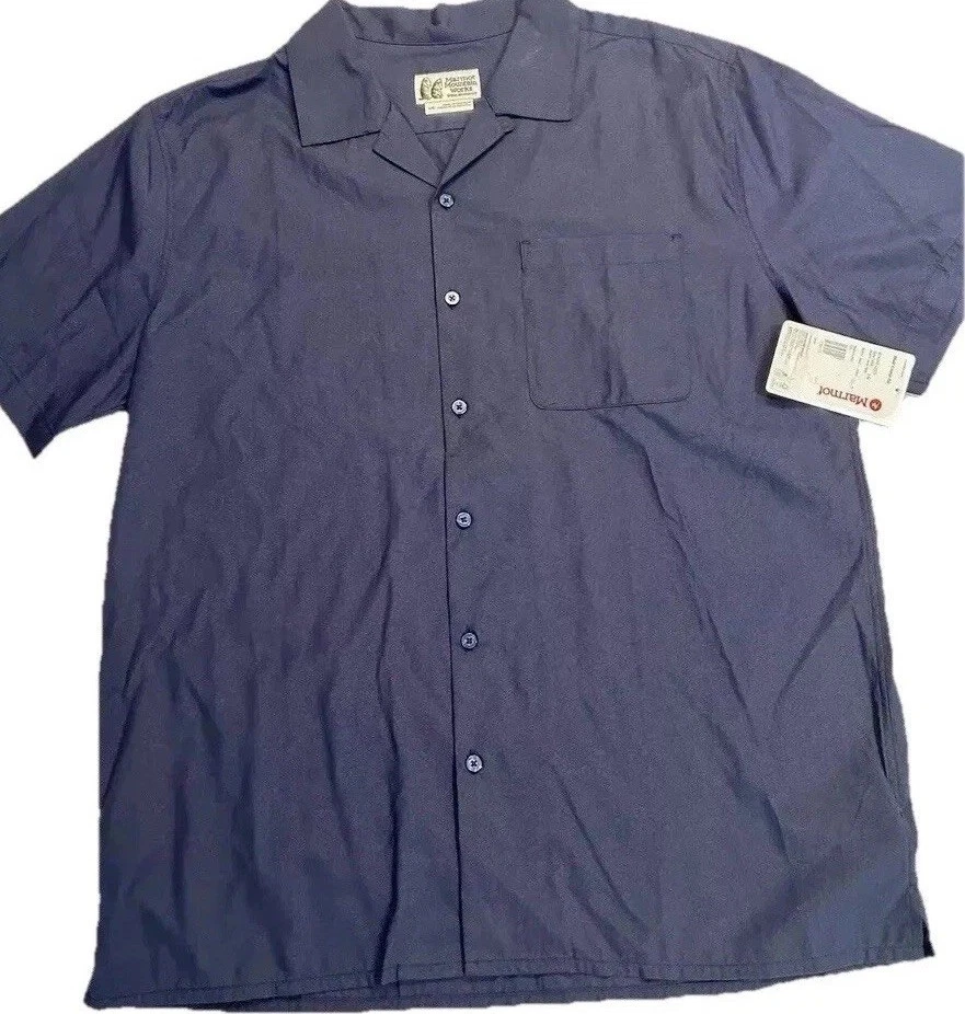 New Marmot Shirt Mountain Works Muir Camp L Navy Blue SS Hiking Camping