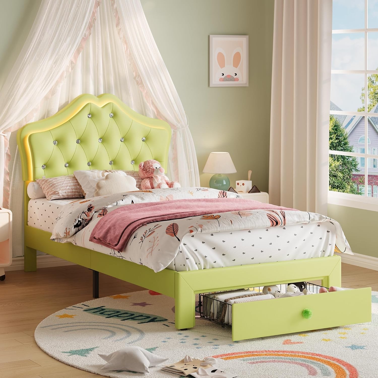 W/ Led Headboard & Crystal Buttons For Modern Bedroom