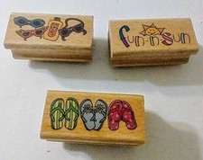 Lot Of 3 VTG Wood Mounted Rubber Stamps Stamp Craft 2" X 1" Summer Fun