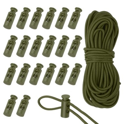 20 Pcs Plastic Cord Locks & 16 ft Elastic Cord, Double-Hole Toggles, Dark Green