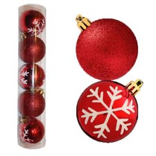 Christmas Decoration 5 Pack 60mm Snowflake Glitter Baubles - Red