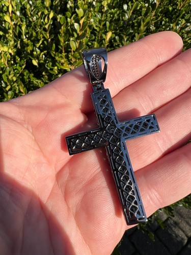 Black MOISSANITE Black Rhodium Over 925 Silver Large Iced Cross Pendant 2.5CT - Picture 14 of 22