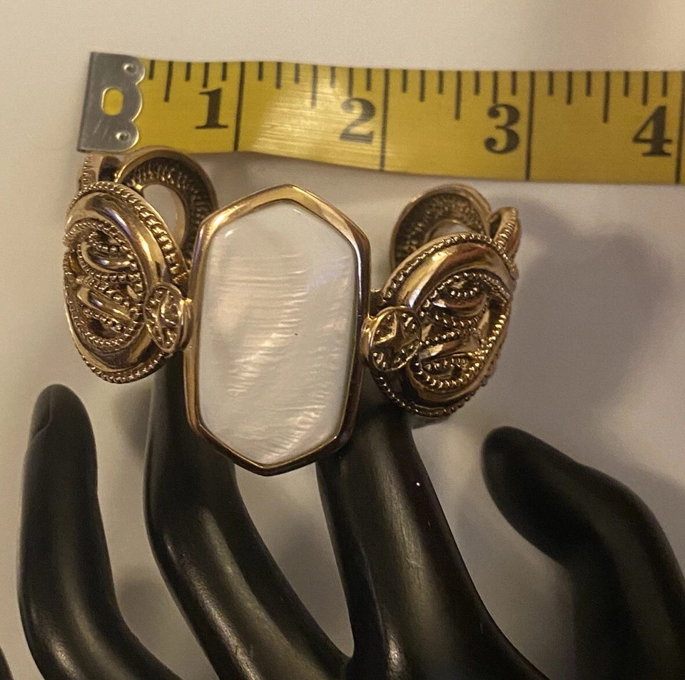 BARSE Thailand Signed Antiqued Bronze Mother Of Pearl Ornate Cuff Bracelet - Image 3 of 4