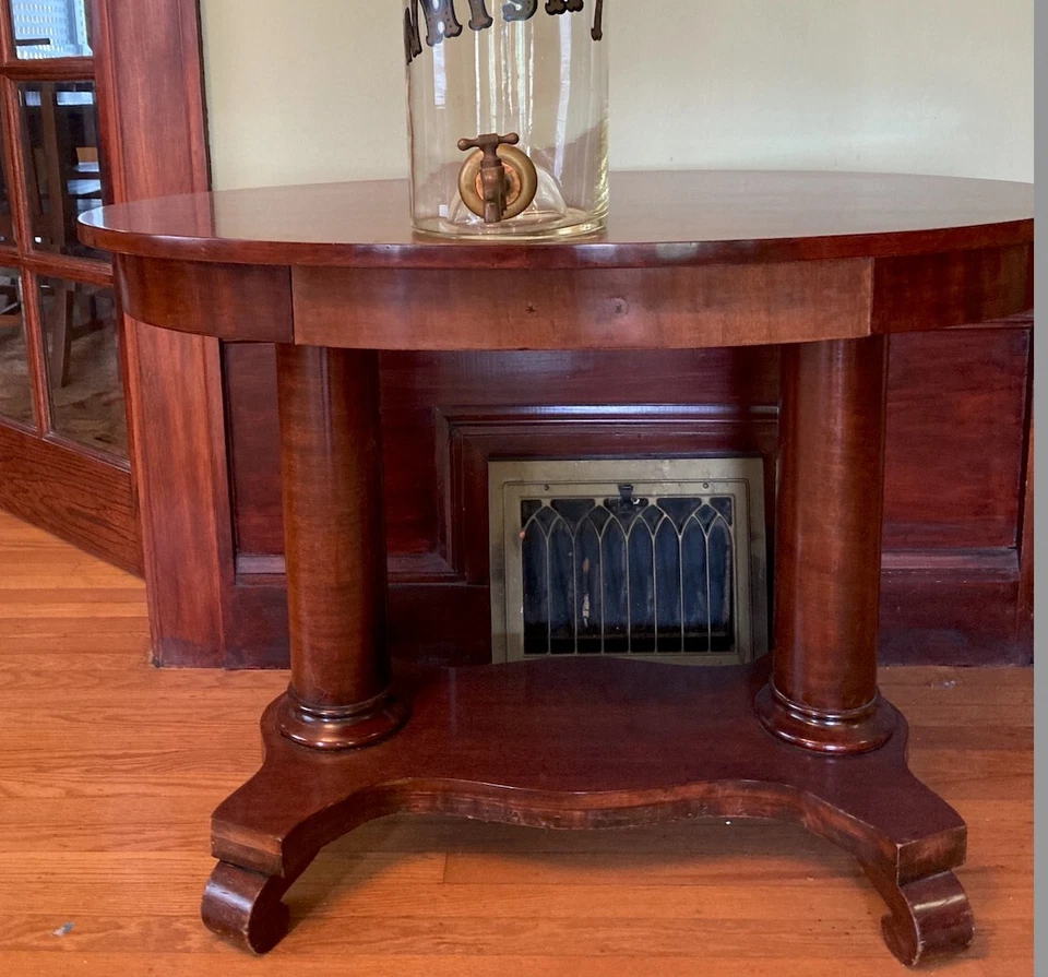 Mesa ovalada vintage de pilar imperio caoba con cajón individual, siglo XIX Foto 3 de 4