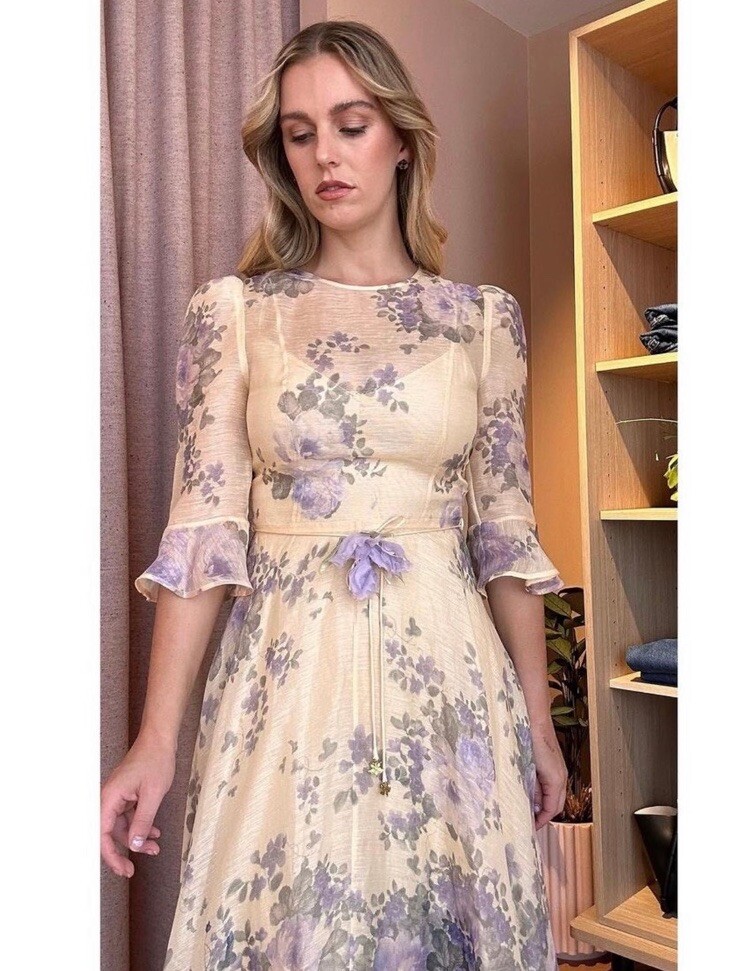 NWOT $1,600 Zimmermann Lyrical Flared Sleeve Silk Linen Floral Midi Dress  AU0 | eBay