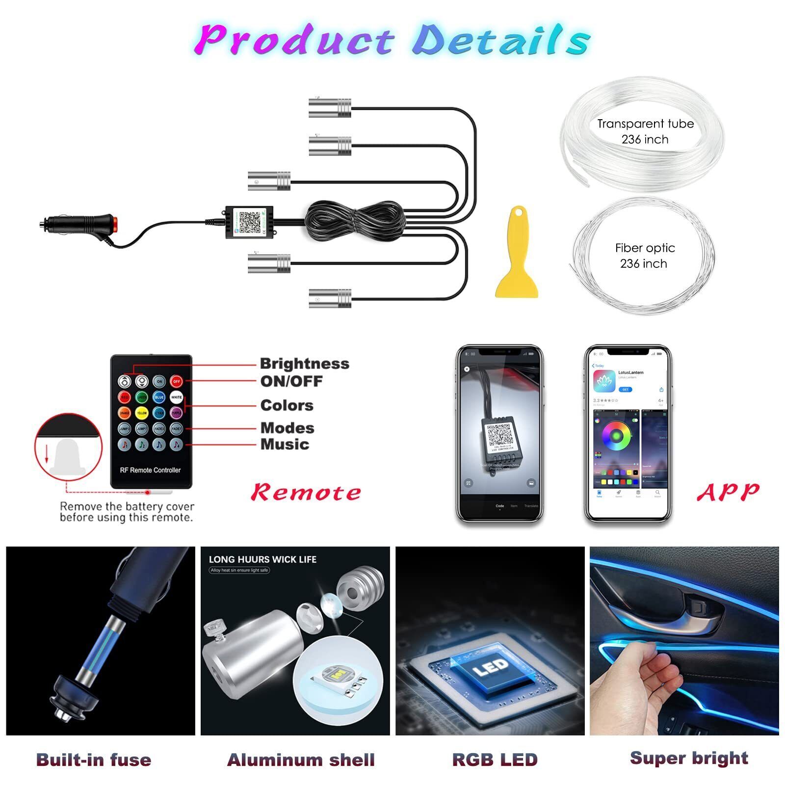 6in1 Car Interior Ambient LED RGB Strip Light APP Music Control Atmosphere Lamp