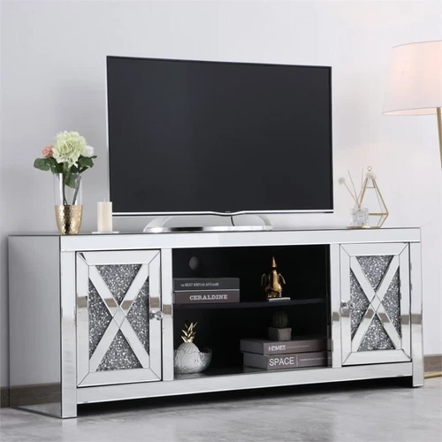 Elegant Decor Modern 2 Door 59" Clear Silver Crystal Mirrored TV Stand - Picture 2 of 11