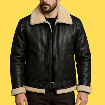 Men's B3 Bomber Jacket RAF Aviator Shearling Fur Real Leather Coat