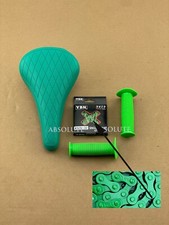 GREEN DIAMOND STITCHED BMX BIKE SADDLE W/ BMX KMC CHAIN &MUSHROOM STYLE GRIPS