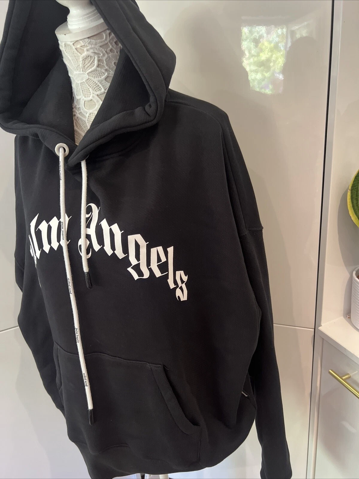 Felpa nera con cappuccio Palm Angels bianca logo coulisse nuova senza etichette taglia M oversize