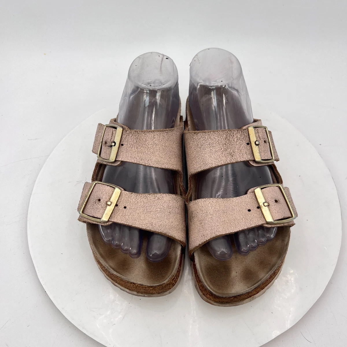 NIB Birkenstock Brown Two-Strap Slide with Rose Gold Buckles Arizona Big Buckle Birkibuc in Color Light Rose | BIRKENSTOCK US main image 3