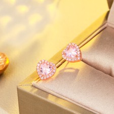 Rose Gold Plated Pink Heart Cubic Zirconia Stud Earrings for Women Wedding Party