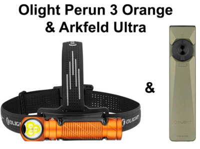 Olight Perun 3 Orange Headlamp 3000 Lu & Arkfeld Ultra Olive Green 3-in-1 Light