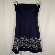 Loft Mini Dress Women's 0 Navy Blue Embroidered Strapless Side Zip