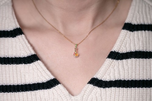 Stunning 18K Yellow Gold Pendant Necklace with Mexican Fire Opal, Diamond - Picture 8 of 10