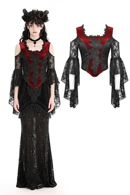 Dark In Love Women Black And Red Retro Gothic Victorian Off-The-Shoulder Tops