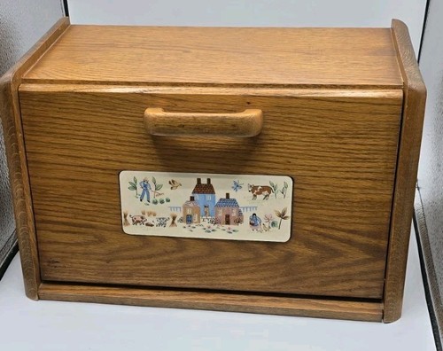 Rare International Heartland Wood Bread Box Folk Art Vintage Country Kitchen
