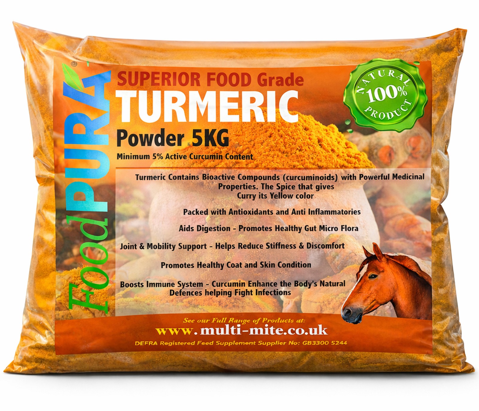 FoodPURA 5KG Turmeric Powder 100% Natural Feed Supplement Horse Pony Equine