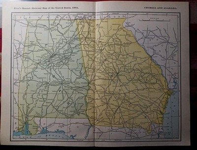 1901 Eisenbahnkarte ALABAMA & GEORGIEN alle Zugstreckenlinien + Stationen 9x11'' datiert