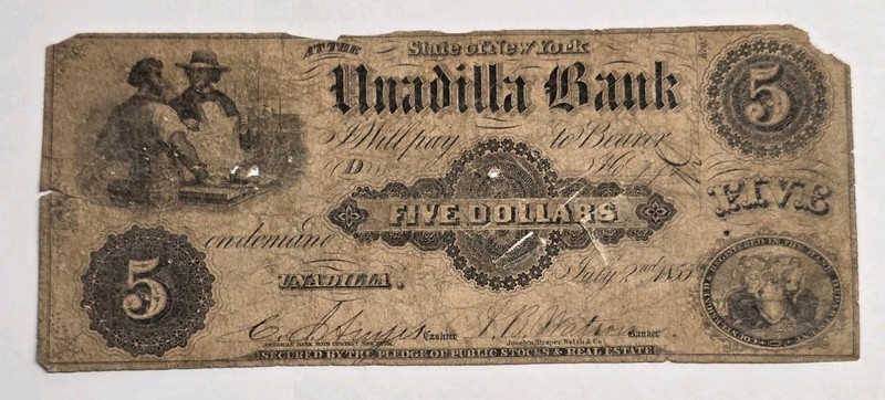 1855 The Unadilla Bank, Unadilla, New York NY $5 Obsolete Banknote