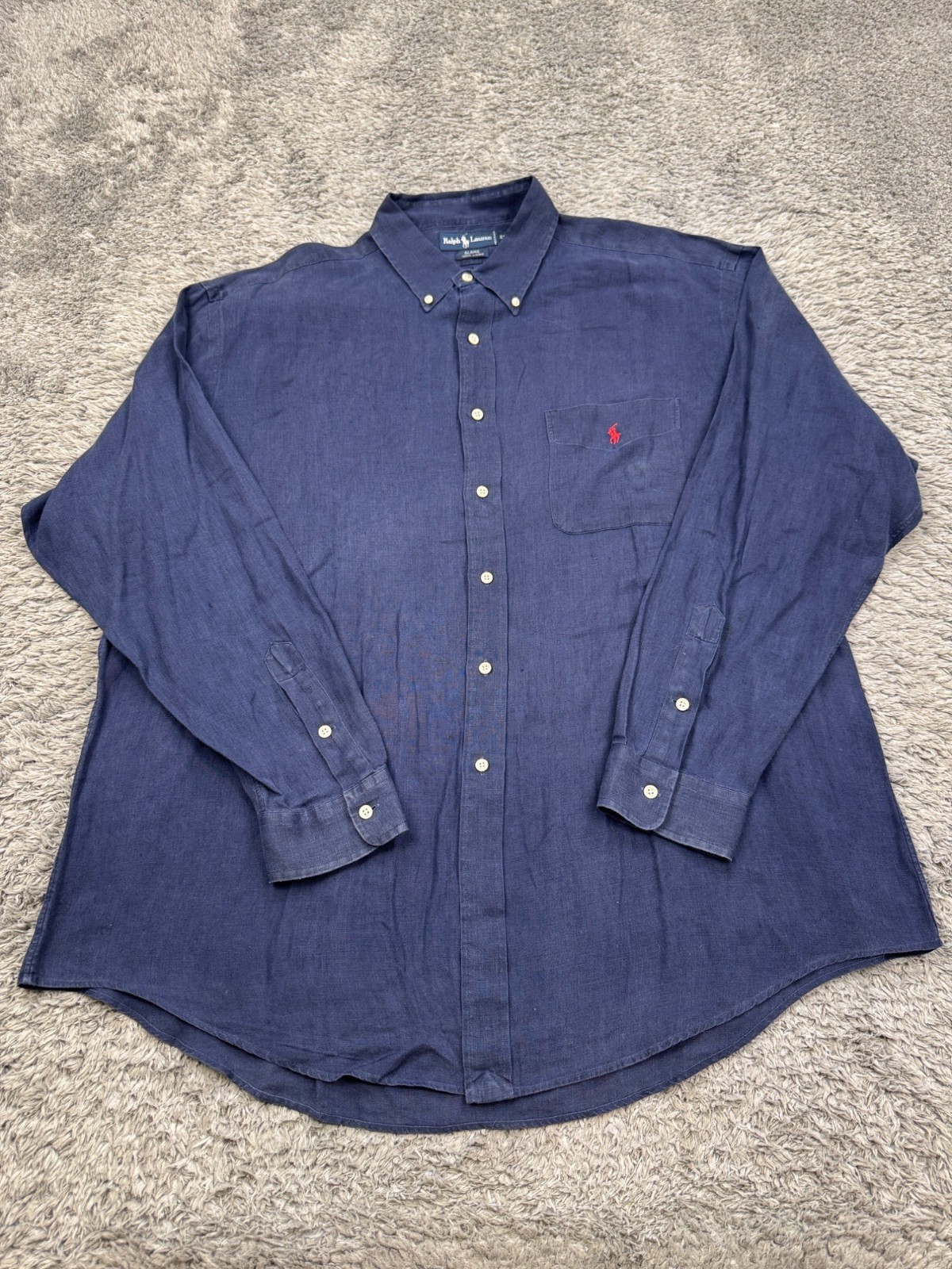 Ralph Lauren Shirt Men XL Blake Navy Blue Linen Long Sleeve Button Down Vtg 90s