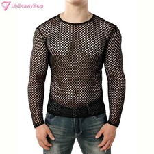 Fashion Men's Fishnet Sheer Tops Long Sleeve See Through Punk Tee Shirt Clubwear