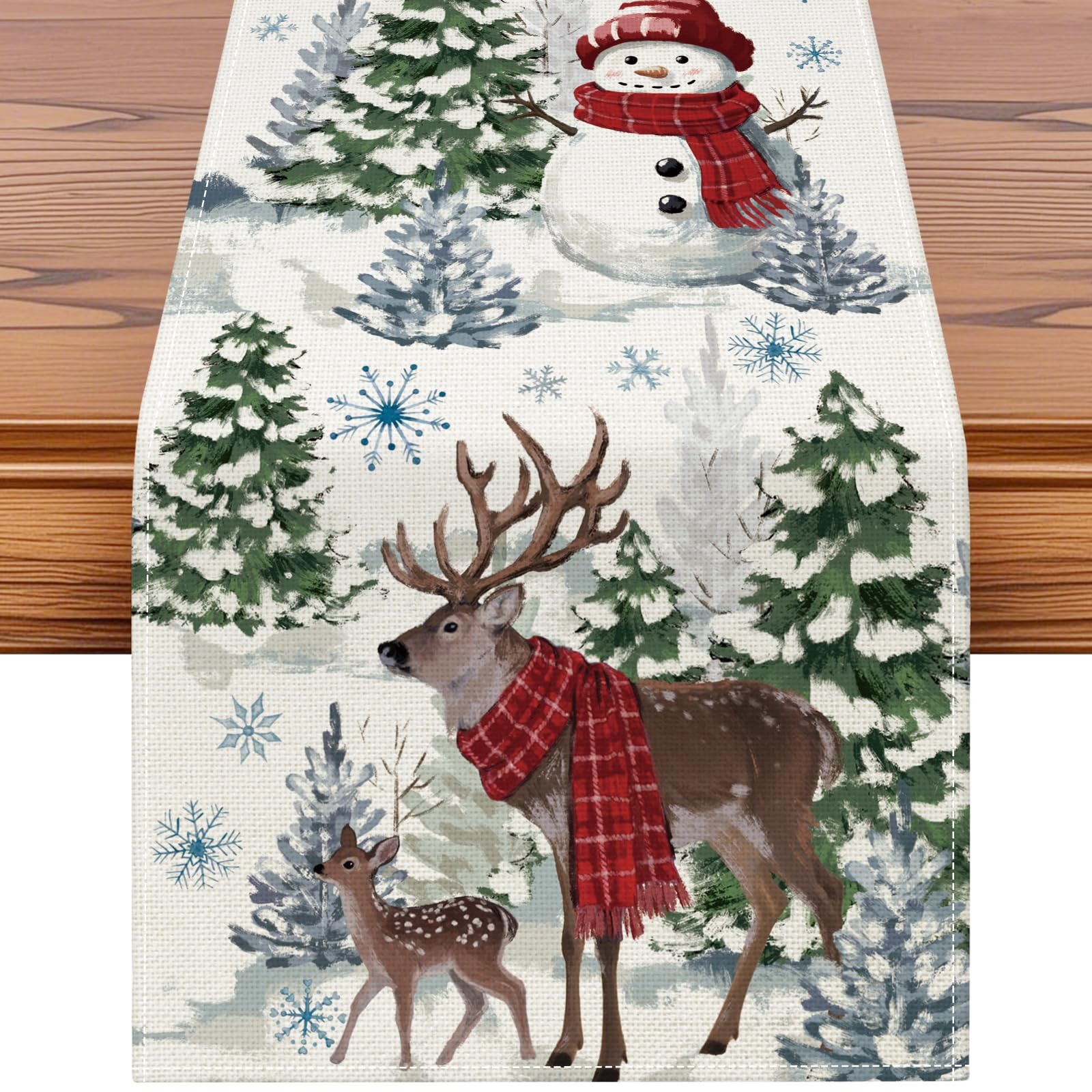 Reindeer Snowman Christmas Tree Table Runner Xmas Winter Snowflakes Holiday