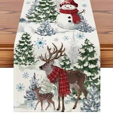 Reindeer Snowman Christmas Tree Table Runner Xmas Winter Snowflakes Holiday
