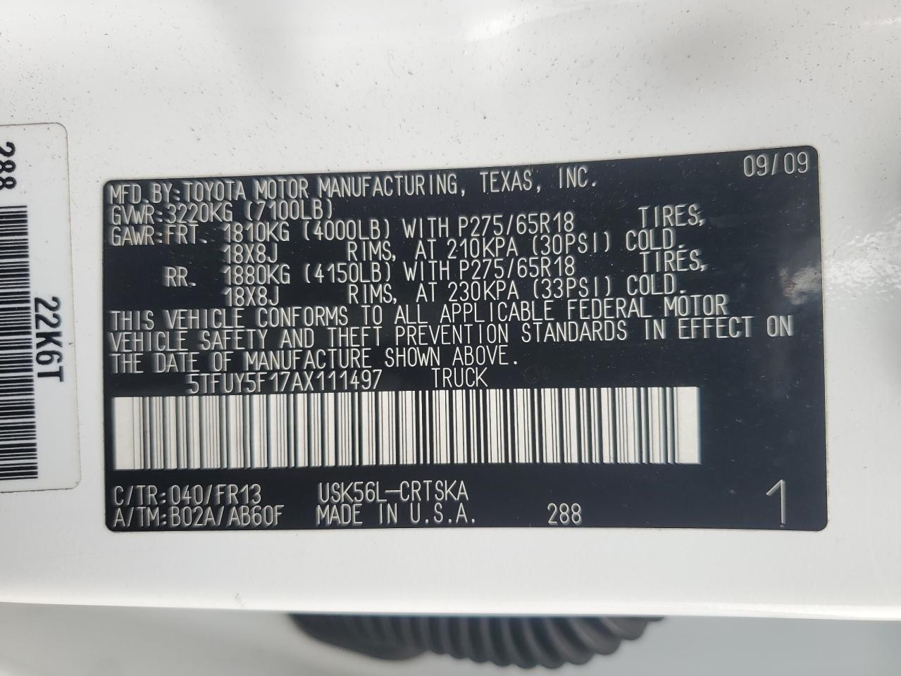 Used Truck Bed Assembly fits: 2010 Toyota Tundra Extended Cab 4 Dr 6' 5`` box w/