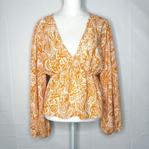 Dizzy Lizzy Blouse Paisley Peplum Balloon Sleeve Large Orange Womens Cottagecore