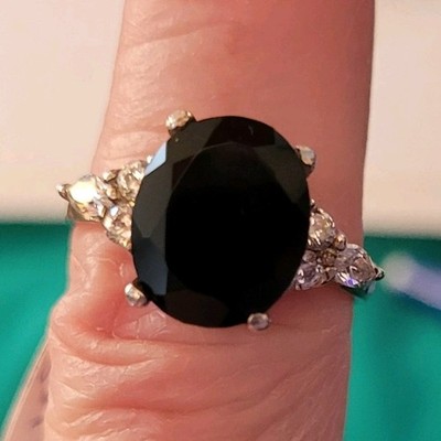 Sterling 925 Oval Cut Black Onyx Ring, Size  8. Marquis & round AAA CZ on band
