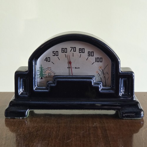 Vintage Art Deco Style Black Pottery Ray-Bud Temperature Thermometer 3.25"x5.5"