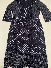Roman Dress 10 Navy Blue polka dot midi stretchy fit and flare long sleeve