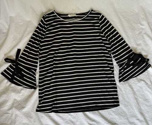 Promesa shirt Top Black White Stripes Made In USA women's Large 3/4 Sleeves