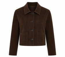 Women’s Tan Suede Leather Cropped Jacket Casual Button Front Fashion Coat