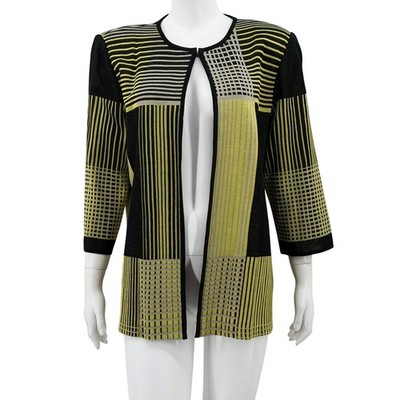 Ming Wang Blazer Womens Large Yellow Black Geometric Cardigan Knit Office Modern