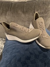 DKNY Men  s Gray Slip-On Athletic Sneakers, Knit Upper, White Sole Low Top
