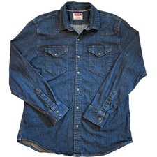 Wrangler Denim Western Shirt Mens Sz Large Pearl Snap Long Sleeve Heavy Cowboy