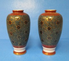2 Yamazaki china Kutani-Yako Japan HP urn shaped vases teal  gold  terracotta rj