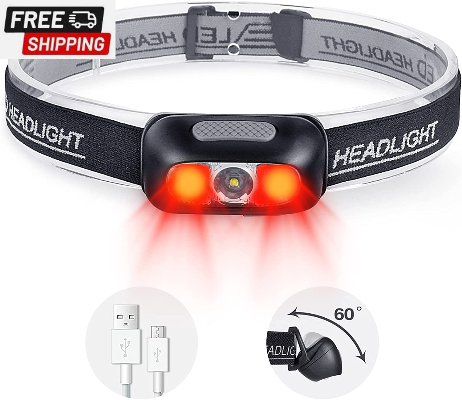 Rechargeable Headlamp, 500 Lumen Ultra Bright Head Lamp 5 Lighting Modes with Re