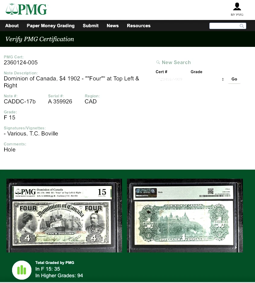 Canada $4 Dollar 1902 Pick# DC-17b "Four" at Top Left & right PMG 15 CF - Image 3 of 4