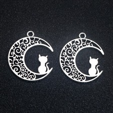 20 Pcs Tibet Silver Alloy Cat Filigree Moon Crescent Charms Pendant 30mm(1.2")