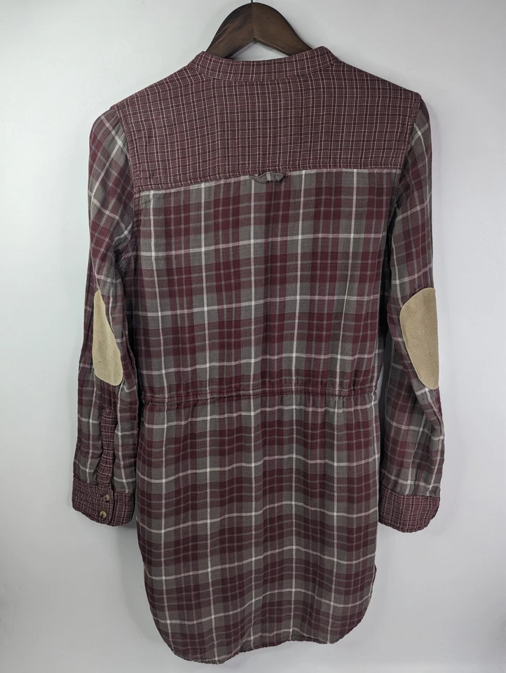 Hurley Button Maroon Plaid Small Dress w/Elbow Patches V-Neck Tunic Zip Pockets - Image 4 of 4