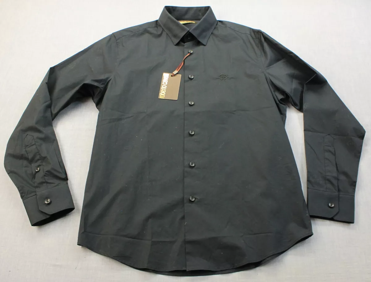 Roberto Cavalli Logo Mens Black Camicia Comfort Fit LS Dress Shirt NWT 15.5 M
