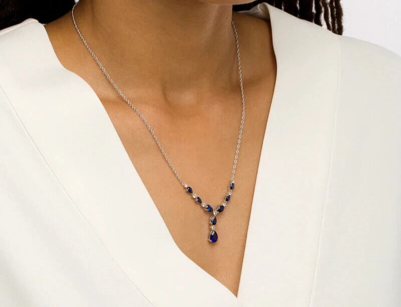 6Ct Pear Lab-Created Sapphire Women's Party Wear Necklace 14K White Gold Plated - Image 2 of 4