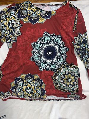 LulaRoe Elizabeth L/S Tunic Shirt XL 18/20 16/18 Red Mandala Medallion GUC  